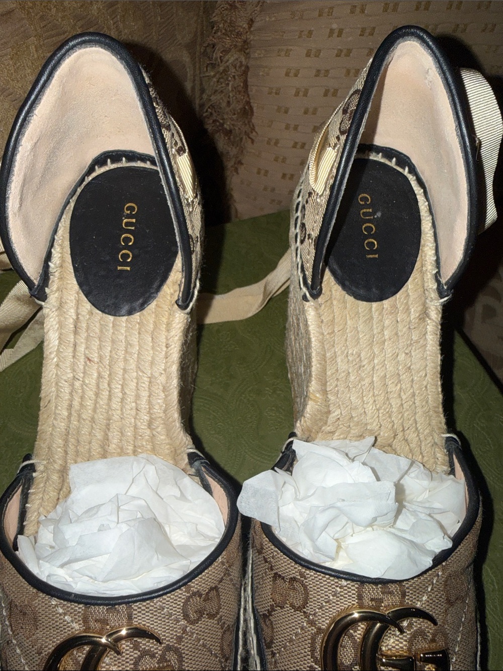 Gucci Pilar GG Ankle Tie Espadrille Platform Wedges preowned with COA size 39 - Picture 6 of 17